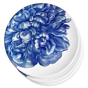 NWT Set of 4 Caskata Peony Blue Bloom Dinner Plates!